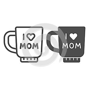 Cup with I love mother line and solid icon, Mother day concept, mothers day coffee cup sign on white background, hot