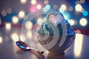 Cup of ice cream with heart shape on top and bokeh background
