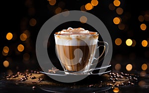 cup of latte coffee with cinnamon, star anise and whipped cream on a plate, blurred sparkling dark and orange background