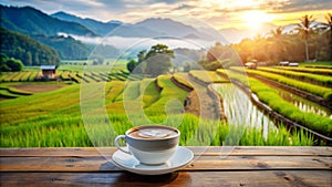 a cup of latte coffee in the morning with views of rice fields and mountains