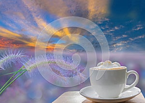 Cup of latte coffee with soft blurred desho grass, Mauritius Grass, Poaceae, flower with dew and fog, with beautiful sky photo