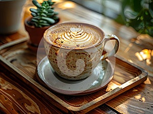 a cup of latte at a table with a wooden tray, in the style of organic texture, swirling vortexes, high-angle, bold