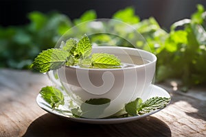 Cup of lemon balm leaf tea. Generative AI
