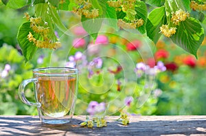 Cup with linden tea and flowers