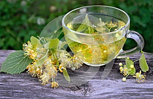 Cup of linden tea on a wooden table. white butterfly sitting on a cup of herbal tea. clover flowers and a cup of flower tea. herba