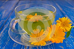 A cup of marigold tea and marigold flowers on a blue wooden background.