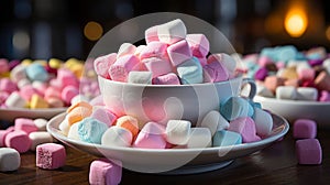 A cup of marshmallows on a pile of colorful marshmallo. Generative AI.