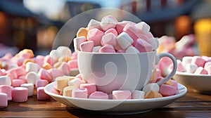 A cup of marshmallows on a pile of colorful marshmallo. Generative AI.