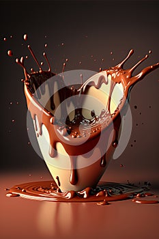 Cup of melting, drizzling, splashing hot chocolate in a shape of a heart. Generative Ai
