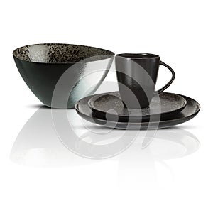 cup, mug, ceramic plate, vintage isolated white background with clipping path