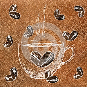 A cup mug of hot drink coffee, tea, etc. and coffee beans. Illustration with a watercolor background for the design