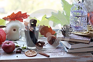 Cup with mulled wine, autumn leaves, seasonal fruits and vegetables, decor, spices on a window background