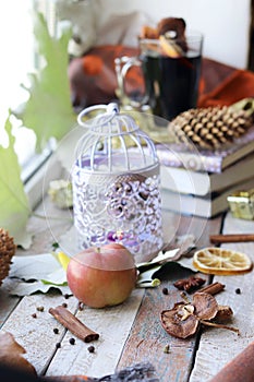 Cup with mulled wine, autumn leaves, seasonal fruits and vegetables, decor, spices on a window background