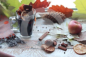 Cup with mulled wine, autumn leaves, seasonal fruits and vegetables, decor, spices on a window background