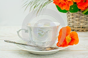 Cup and orange flowers