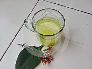 a glass of warm lemon water to warm the body photo