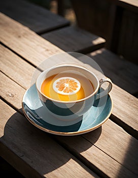 A cup of orange soup with an orange slice on a saucer, placed on a wooden table