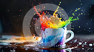 A cup of paint splatters with a rainbow splash. The cup is on a table and the splash is on the table as well. Rainbow explosion in