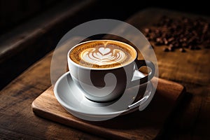 A cup of perfectly brewed cafee on a wooden rustic table. AI Generated