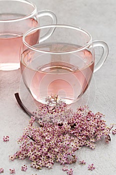 Cup of pink elderberry blossom tea