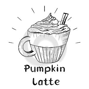 Cup of pumpkin coffee latte with cream and cinnamon stick. Handwritten lettering. Vector isolated sketch illustration