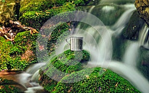 Cup of pure water on the mountain river with stones.