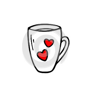 A cup with red heart. Hand drawn vector illustration. I love coffee and tea.