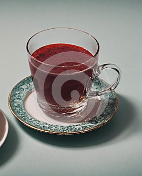 A cup of red liquid sits on a green plate