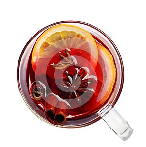 Cup with red mulled wine on white background,