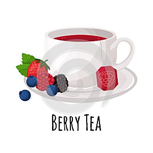 Cup of red tea on a plate with wild berries and mint leafs. Berry tea. Raspberry, strawberry, blueberry, blackberry