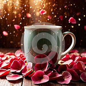 A cup of romance, with a mug filled with rose petals