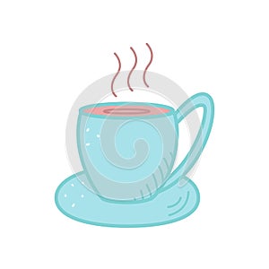 A cup with a saucer of coffee or hot tea icon, vector illustration of a doodle. Concept warming drink