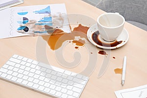 Cup with saucer and coffee spill on wooden office desk