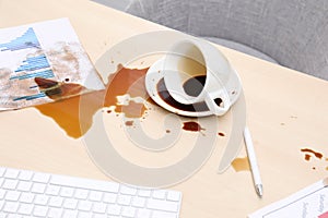 Cup with saucer and coffee spill on office desk