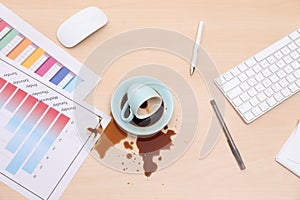 Cup with saucer and coffee spill on wooden office desk