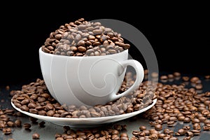 Cup and saucer full of coffee beans