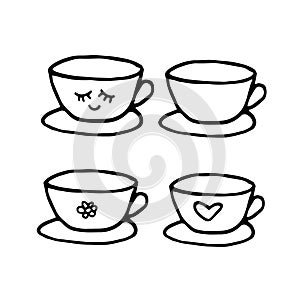 Cup and saucer hand drawn set of elements in doodle style. vector scandinavian monochrome minimalism. tea, coffee, kitchen,