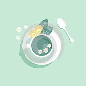 A cup on a saucer with mint tea, lemon slices and a spoon. View from above. Illustration, print vector