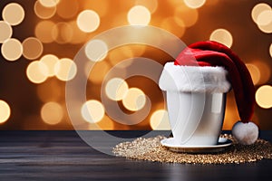 cup and saucer with santa claus hat on wooden background with bokeh