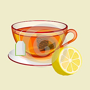 Cup on saucer with tea bag, water and fresh lemon