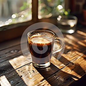 A cup of singleorigin Cuban espresso on a wooden table by the window