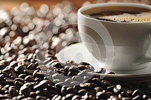 Cup of specialty coffee beans cafe mug fresh spicy juicy sweet brazil caffeine decaf americano espresso with milk cream