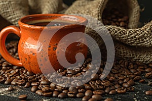 Cup of specialty coffee beans cafe mug fresh spicy juicy sweet brazil caffeine decaf americano espresso with milk cream photo