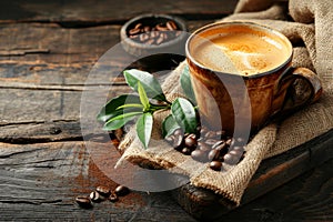 Cup of specialty coffee beans cafe mug fresh spicy juicy sweet brazil caffeine decaf americano espresso with milk cream photo