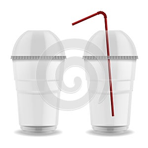 Cup with sphere dome cap plastic. Realistic empty glass with lid and straw for cold drinks, takeaway coffee cocktail or