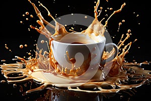 Cup with spilled coffee on a black background. Beautiful splashes of drink