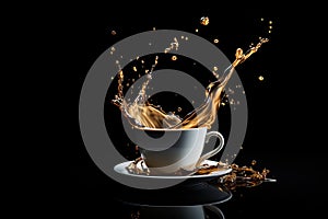 Cup with spilled coffee on a black background. Beautiful splashes of drink