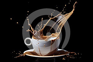 Cup with spilled coffee on a black background. Beautiful splashes of drink