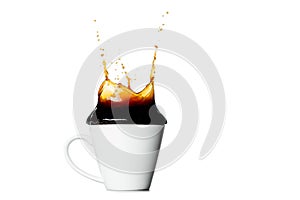 Cup of splashing coffee isolated on white background