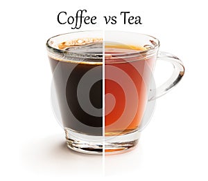Cup split in half. Tough choice tea vs coffee concept